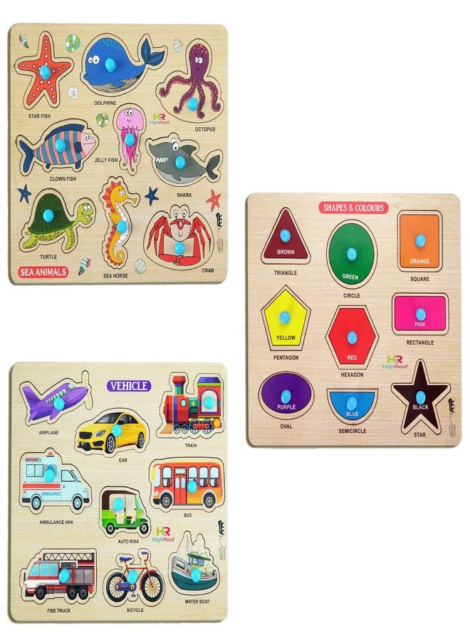 HIGHROOF® Kids Fort Pre Nursery Educational Jigsaw Puzzles for Adults Kids Learning Toys Kit Board Game 3 pcs Set of Sea Animals Shapes & Colours & Vehicle Educational Toy - Image 1